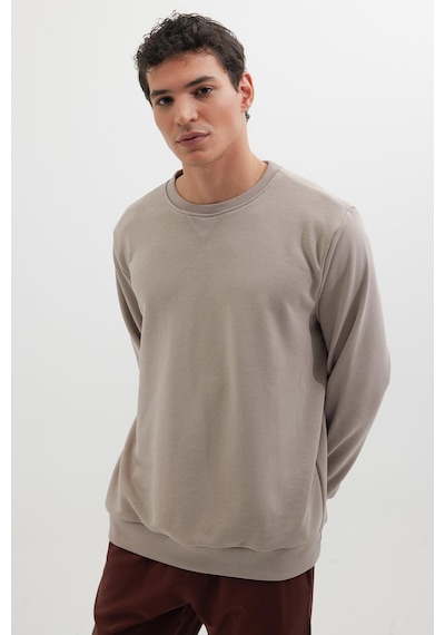 Tudors Unisex Relax Fit Rahat Kesim %100 Pamuk 3 İplik Basic Bej Bisiklet Yaka Sweatshirt-35145 Bej