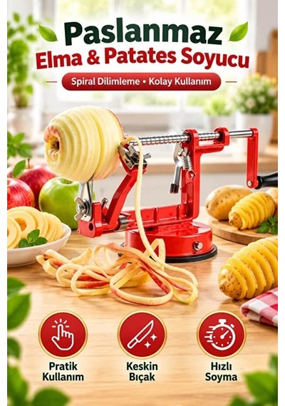 Paslanmaz Çelik Spiral Elma Patates Soyucu Dilimleme Makinesi Vantuzlu Dilimleyici Slicer Kırmızı