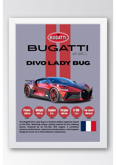 Bugatti Divo Lady Bug Araba Tablosu - Teknik Özellikli Otomobil Poster - Çerçeveli Duvar Dekoru Beyaz