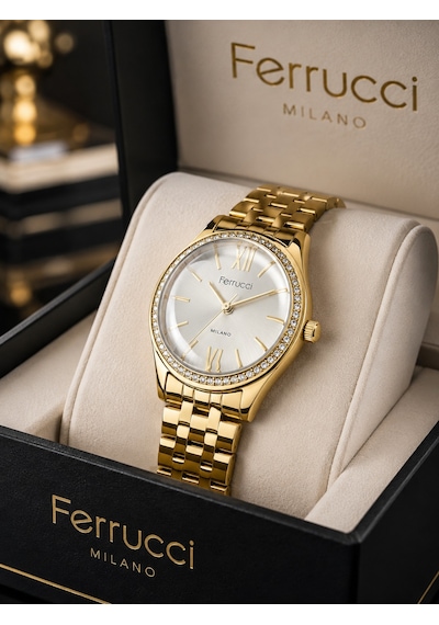 Ferrucci Fc71950 Roma Rakamlı Çelik Kordon&zirkon Taşlı Kasa Kadın Kol Saati 33mm Çap Altın