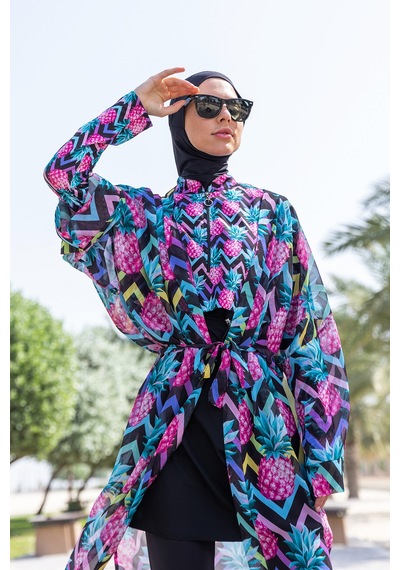 Remsa Mayo Remsa Tesettür Mayo Üzerine Tek Kaftan Kimono Pareo Rp018 Ananas Siyah