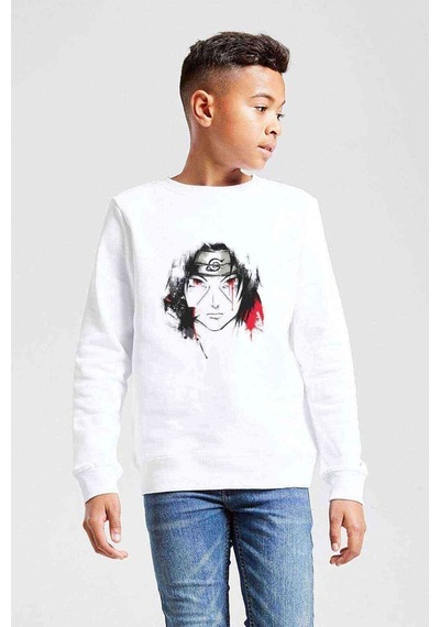 Tshirthane Naruto Itachı Uchıha Baskılı Unisex Çocuk Beyaz Sweatshirt Beyaz