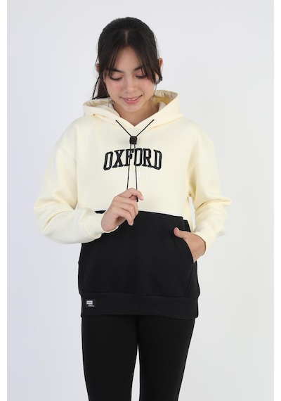 Kapşonlu Oxford Baskılı Kanguru Cepli Kız Çocuk Sweatshirt-90864 Krem