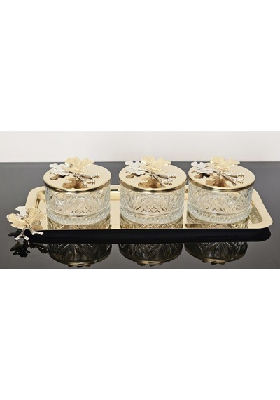 Atabey Home Collection 3'lü Kelebekli Gold Tepsili Kase Seti & Şekerlik & Sunumluk & Çerezlik