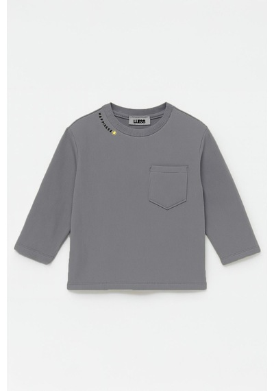Luess Unisex Çocuk Happiness Nakışlı Cepli Fitilli Kaşkorse Tişört Antrasit