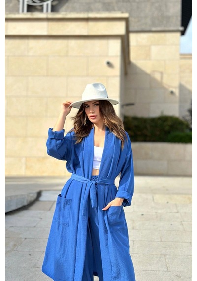WeShaya Kadın İndigo Çift Cepli Uzun Kimono & Bol Paça Pantolon - Salaş Alt & Üst Takım Indigo