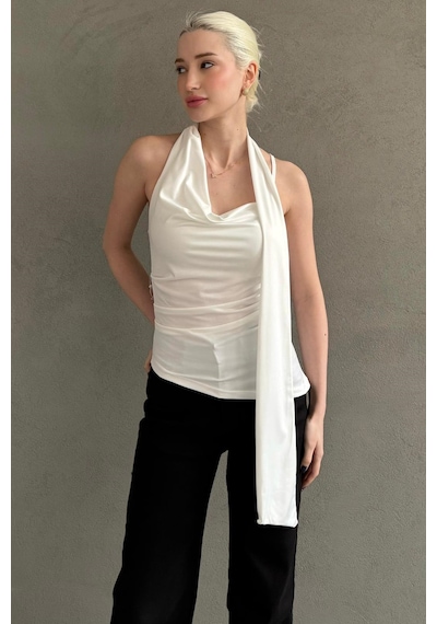 Madmext Beyaz Degaje Yaka Atkılı Şık Kadın Bluz Mg2650