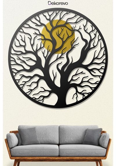 Hayat Ağacı Ve Güneş Metal Duvar Tablosu - Metal Duvar Sanatı - Siyah - 50 X 50 Cm