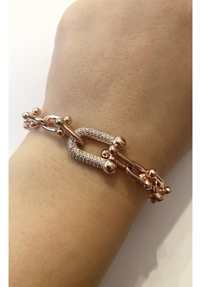 Kadın Taşlı U Model Zincir Çelik Bileklik Rose Gold