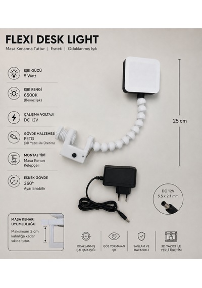 Esnek Gövdeli Led Masa Lambası 5w 6500k Beyaz Işık Kelepçeli Masa Kenarı 12v Adaptör Dahil
