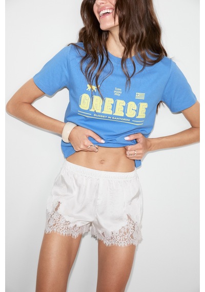 ETHIQUET Ethıquet Algher Kadın Baskı Desenli Kısa Kollu Organik Pamuklu Bisiklet Yaka Crop Mavi T-shirt