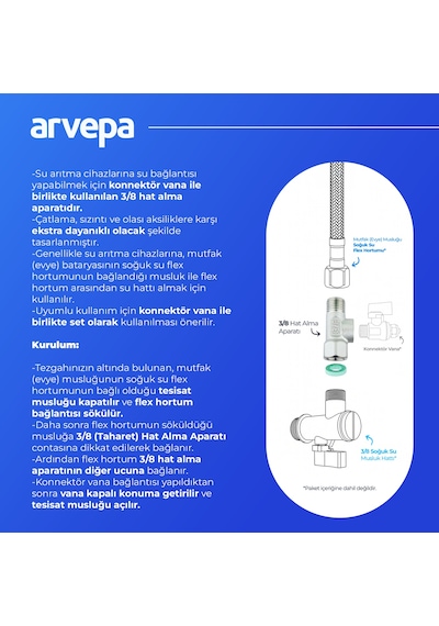 Arvepa Su Arıtma Cihazı 3/8 (Taharet) Hat Alma Aparatı - Ekstra Dayanıklı (Metal T Parçası)