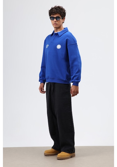 Vamos Polo Yaka Oversize Baskılı Yıkamalı Sweatshirt Ekru