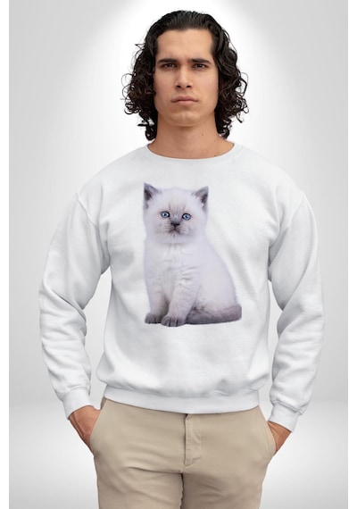 Beyaz Yavru Kedi Unisex Beyaz Sweatshirt Beyaz