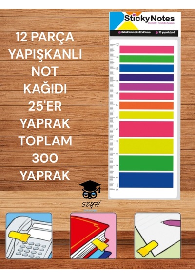 12 Parça Yapışkanlı Not Kağıdı 25'er Yaprak Toplam 300 Yaprak