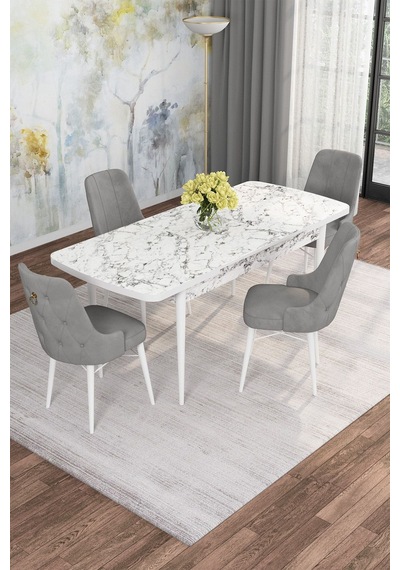 Mona Beyaz Mermer 80x132 Açılabilir Mdf Masa Yemek Odası Takımı, Mutfak Takımı 4 Adet Sandalye Beyaz Mermer - 4 Gri - Beyaz Ayak
