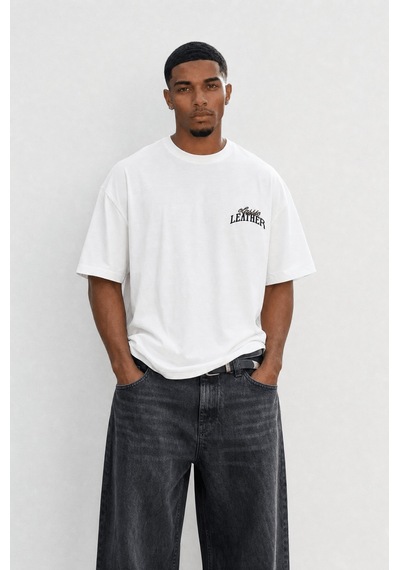 Respire Erkek Leather Baskılı Oversize T-shirt Ekru