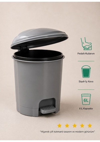 Gri Pedallı Çöp Kovası 6 L - İçi Kovalı Küçük Boy Banyo, Tuvalet Ve Ofis Tipi Modern Çöp Kutusu