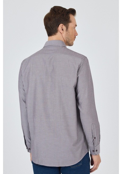 İmza Uzun Kol Çizgili Desen Armürlü Sert Yaka Cepli Pamuklu Classic Comfort Fit Gömlek 1004250173 Bordo