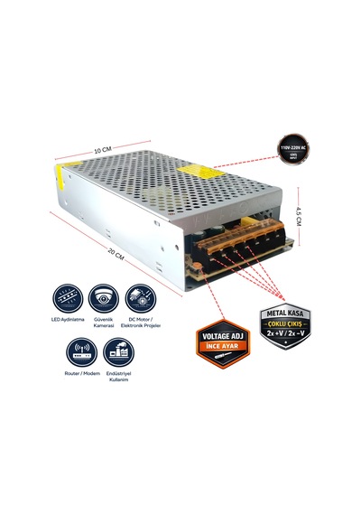 Peace B2881 12v 16.7a 200w Kalın Metal Kasa Adaptör Dc Güç Kaynağı