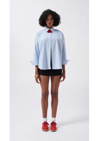 Defymoda Çizgili Detay Oversize Gömlek Mavi