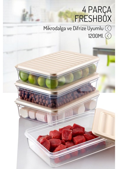 4 Adet 1200ml. Freshbox Saklama Kabı Seti - Mikrodalga Ve Difrize Uyumlu Krem