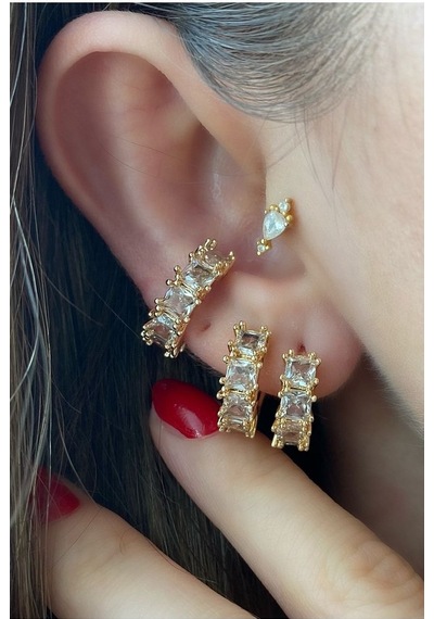 Pinery Jewels Vıp Seri Sıralı Baget Kare Taşlı Halka Gold Küpe Altın