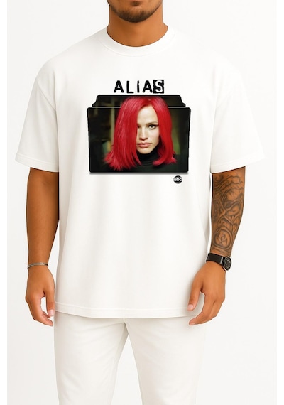 Bahriyeli Collection Oversize Alias Series And Season Folder İcons, Alias Göğüs Tasarımlı Unisex T-shirt Beyaz