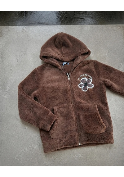 Flower Kız Çocuk Kahverengi Çiçek Nakışlı Peluş Kapüşonlu Hırka Kışlık