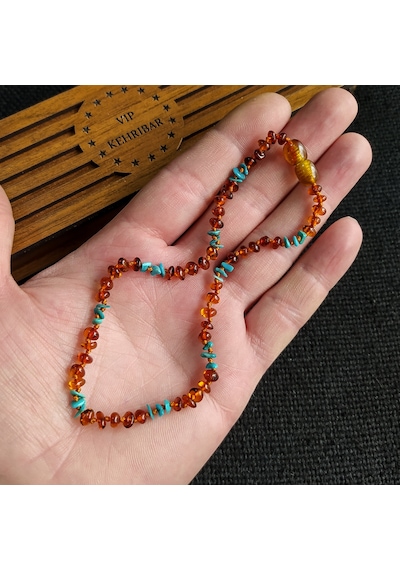Sertifikalı Konyak Turkuaz 35 cm Kız Erkek Bebek Diş Kolyesi Çok Renkli