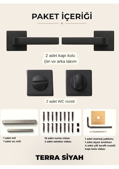 Terra Siyah Kare Rozetli Kapı Kolu Lüks Wc Kapı Kolu