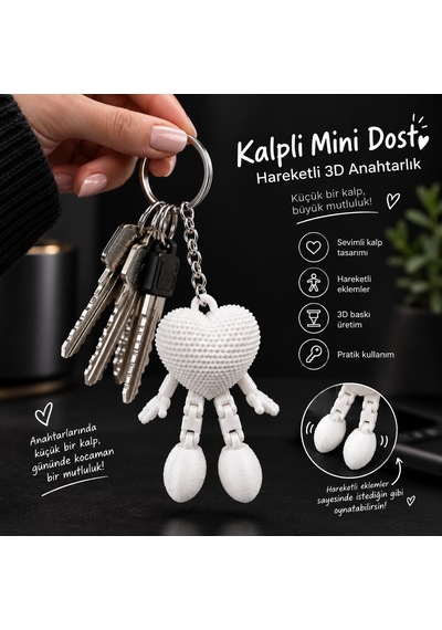 Hareketli Kalp Figürlü Kırmızı Anahtarlık Sevimli Tasarım - 3d Baskı Beyaz