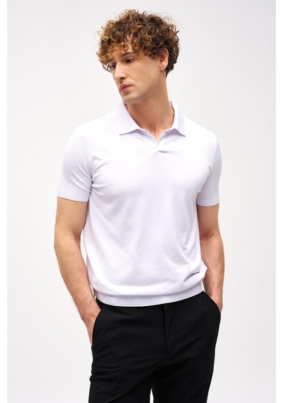 Beyaz Slim Fit Dar Kalıp Polo Yaka Düz Kısa Kollu Triko Tişört-16331 Beyaz