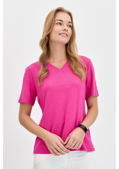 Kadın V Yaka Flamlı Kumaş Basic Tshirt Fuşya Fuşya