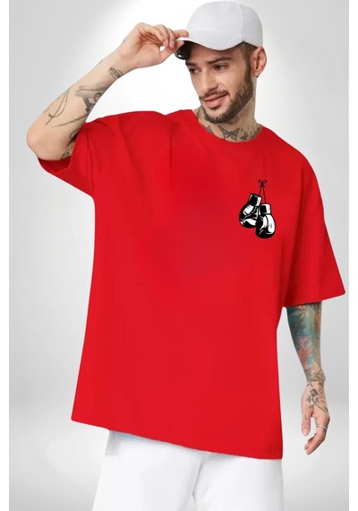 Kelebek Gibi Uçar Arı Gibi Sokarım Ali Boks Kırmızı Oversize Unisex Ön Ve Sırt Baskılı Tişört Kırmızı