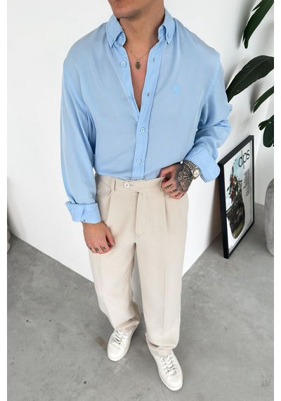 Bebe Mavi Nakışlı Oversize Modal Gömlek Bebe Mavi