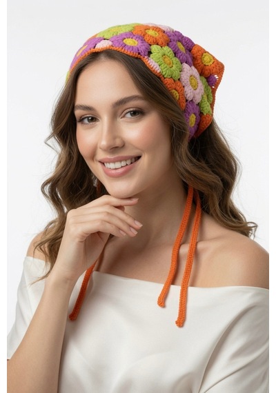 Çicekli Renkli Örgü Bandana Kadın Granny Square Yazlık Aksesuar Turuncu