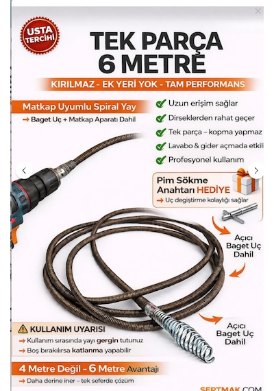 6m Tek Parça Gider Açma Yayı Matkap Uyumlu Uç + Aparat Dahil Profesyonel Eklenebilir