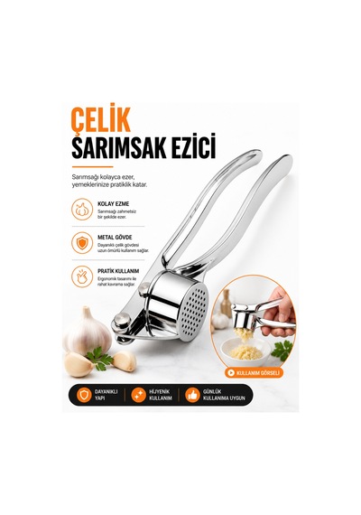 Paslanmaz Çelik Sarımsak Ezici Pres Ergonomik Saplı Sarımsak Rendesi Mutfak Aparatı Gri
