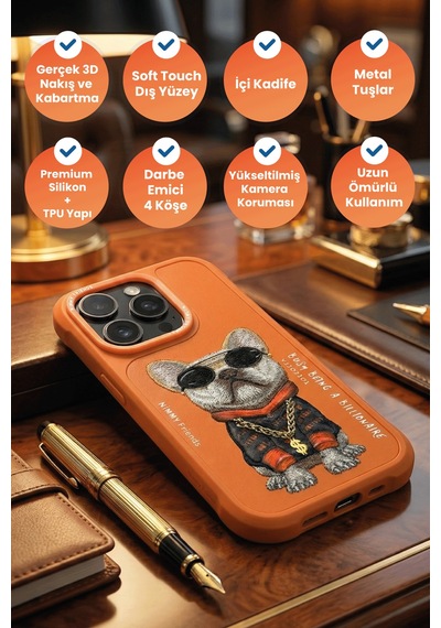 Apple Uyumlu iPhone 17 Pro Max Gerçek Nakış Gözlük Ve Zincir Detay Little Rich Tycoon 3d Telefon Kılıfı Şeffaf