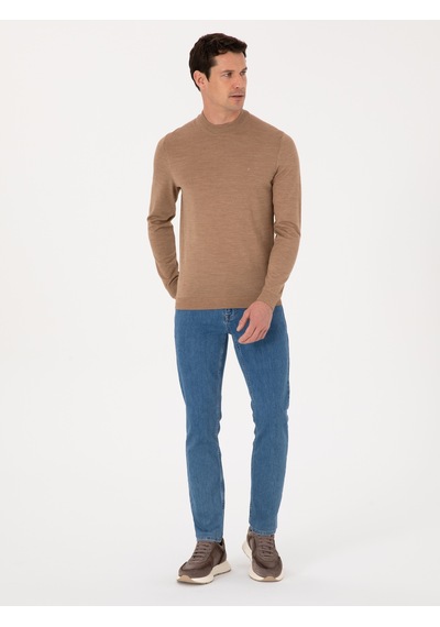 Cacharel Camel Slim Fit Yün Karışımlı Çeyrek Balıkçı Yaka Basic Triko Kazak Kahverengi