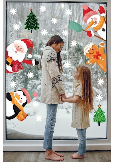 Yılbaşı Dekoratif Noel Baba, Penguen, Kardan Adam, Kurabiye Adam Cam, Duvar, Kapı Sticker