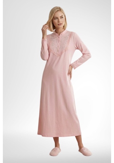 Mecit Pijama Mecit 6376 Somon Kadın %100 Pamuk Uzun Kollu Gecelik