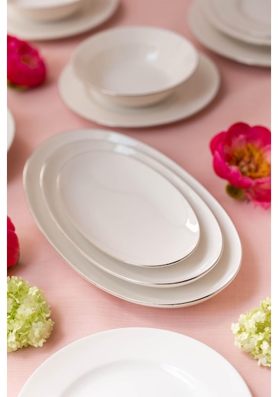 Ceyda Platin Kenarlı Porselen Kayık Tabak 25 Cm Ekru