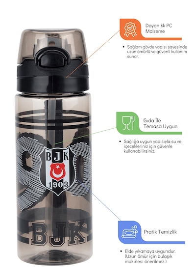 Beşiktaş Lisanslı 500ml Pipetli Kilitli Kapaklı Siyah Matara - Orijinal Bjk Taraftar Suluk Siyah - Beyaz