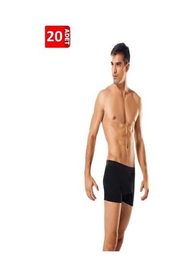 Erkek 20'li Paket %100 Pamuk Likralı Boxer Siyah Siyah