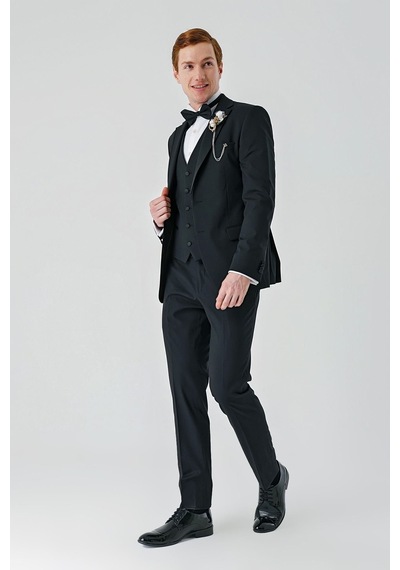 İmza Siyah Çıkarılabilir Mono Yaka Yelekli Likralı 6 Drop Slim Fit Smokin Damatlık 1001240201-Siyah İmza Siyah Çıkarılabilir Mono Yaka Yelekli Likralı 6 Drop Slim Fit Smokin Damatlık 1001240201-Siyah