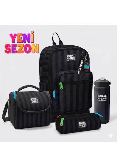 Kids Desenli 4 Lü Okul Çanta Seti Siyah
