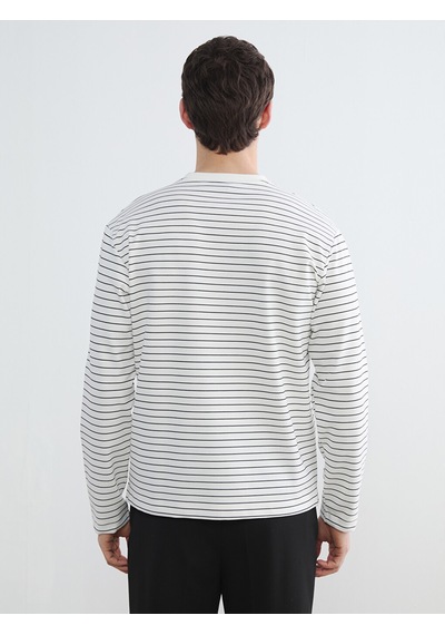 Lcw Vision Ekru Bisiklet Yaka Çizgili Erkek Sweatshirt