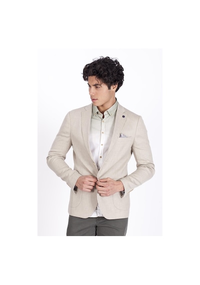 Ncs Jeans Erkek Blazer Slim Fit Dar Kesim Çizgili Keten Karışımlı Ceket 4869-Bej